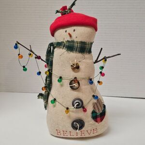 Primitive Handmade Weighted Snowman Doll Believe Christmas Lights 10.5"